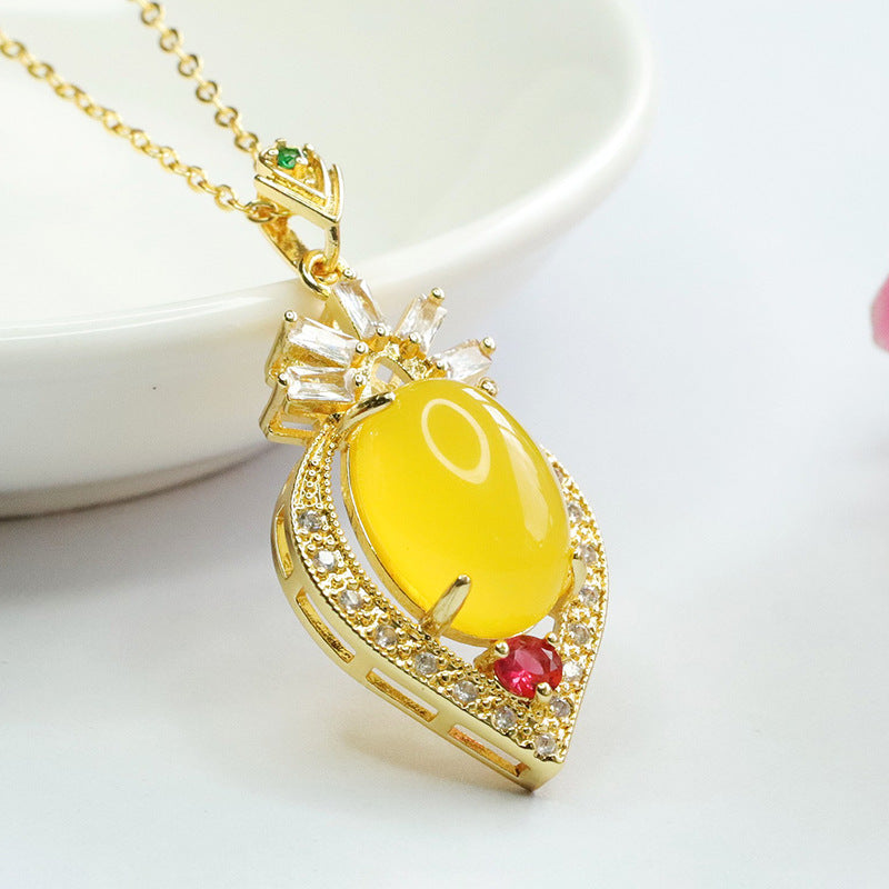 Oval Yellow Chalcedony, Zircon Peach Heart Pendant