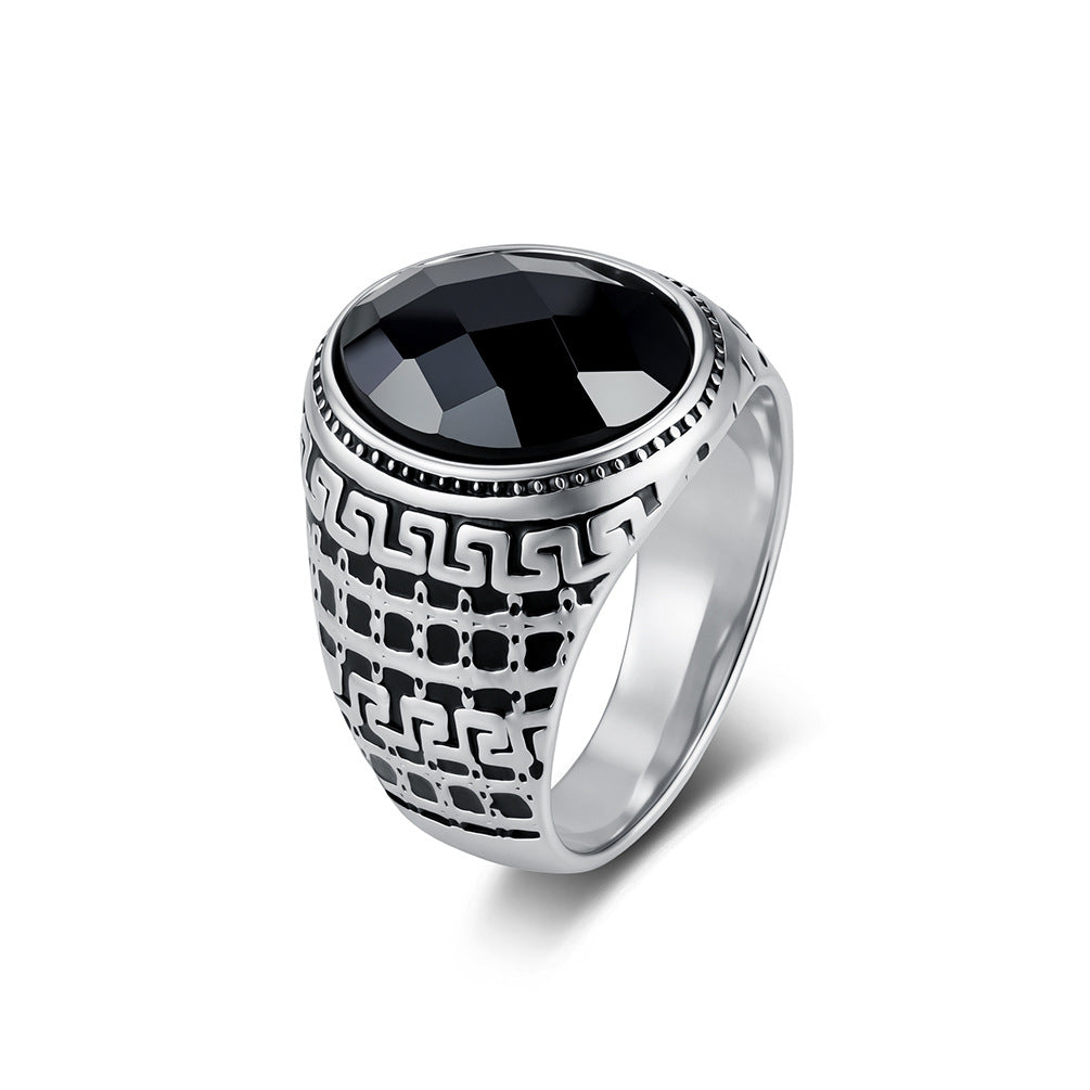 Great Wall Textured Oval Black Gemstone Stainless Steel Men's Ring Stainless Steel Seal