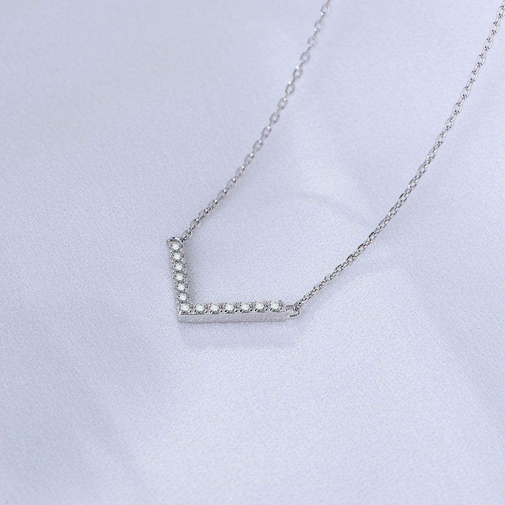 925 Sterling Silver V-Shaped Necklace And Three-Dimensional Full Zircon Pendant