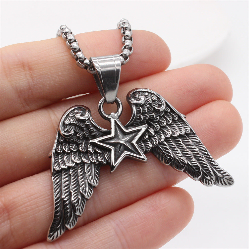 Planderful Everyday Genie – Retro Wings Five-Star Titanium Steel Pendant for Men