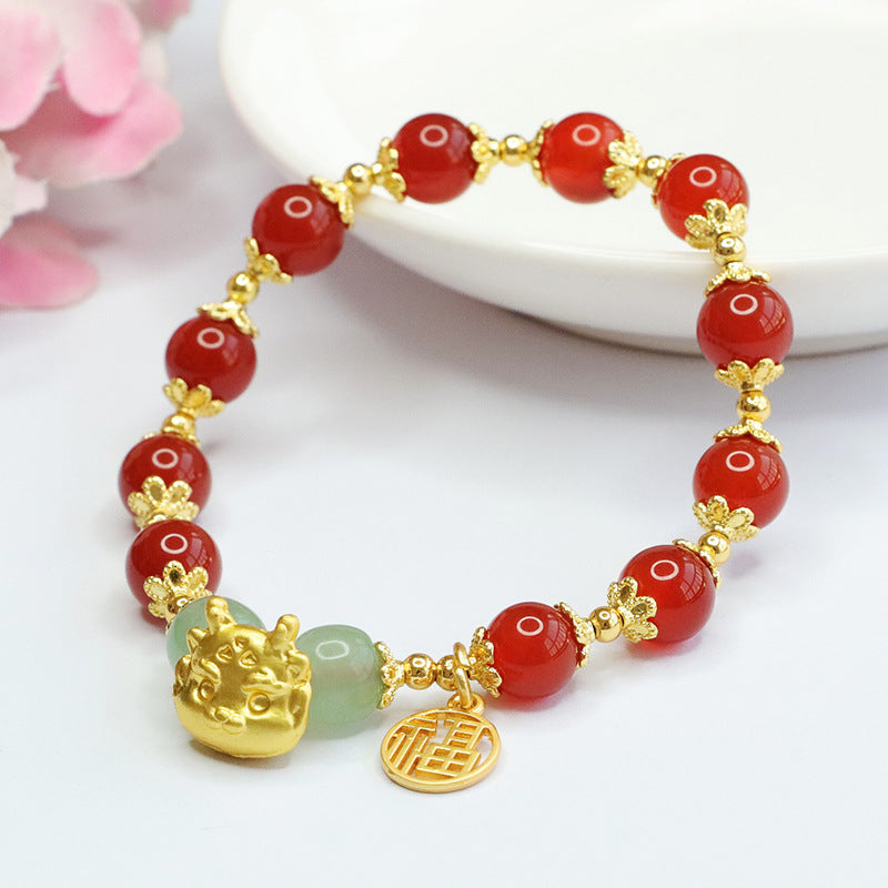 Dragon Zodiac Bracelet with Natural Red Agate and Sterling Silver