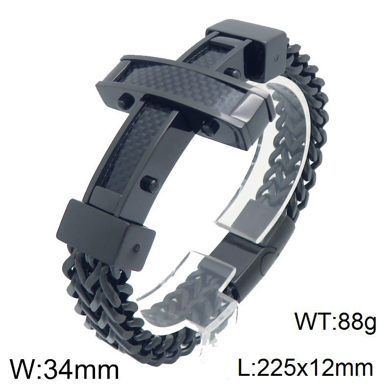 Hip Hop Carbon Fiber Cross Double Layer Front & Back Chains Magnetic Buckle Stainless Bracelet