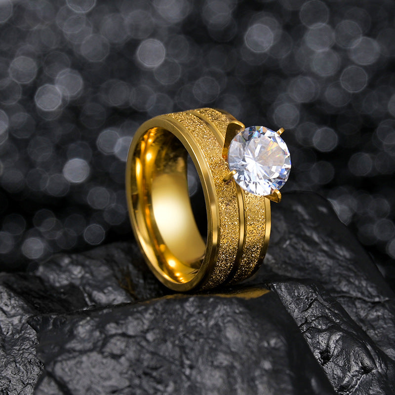 Gold Matte Titanium-Plated Zircon Ring with Wide Stainless Steel Band