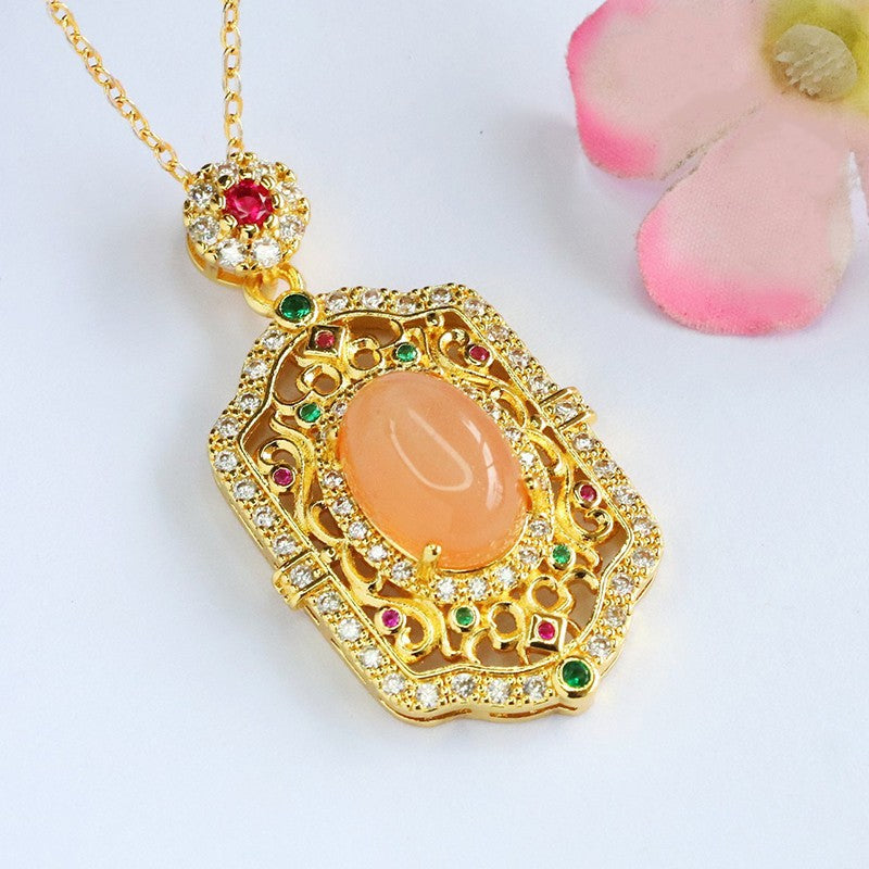 Orange Moonstone Zircon Openwork Pendant — No Chain
