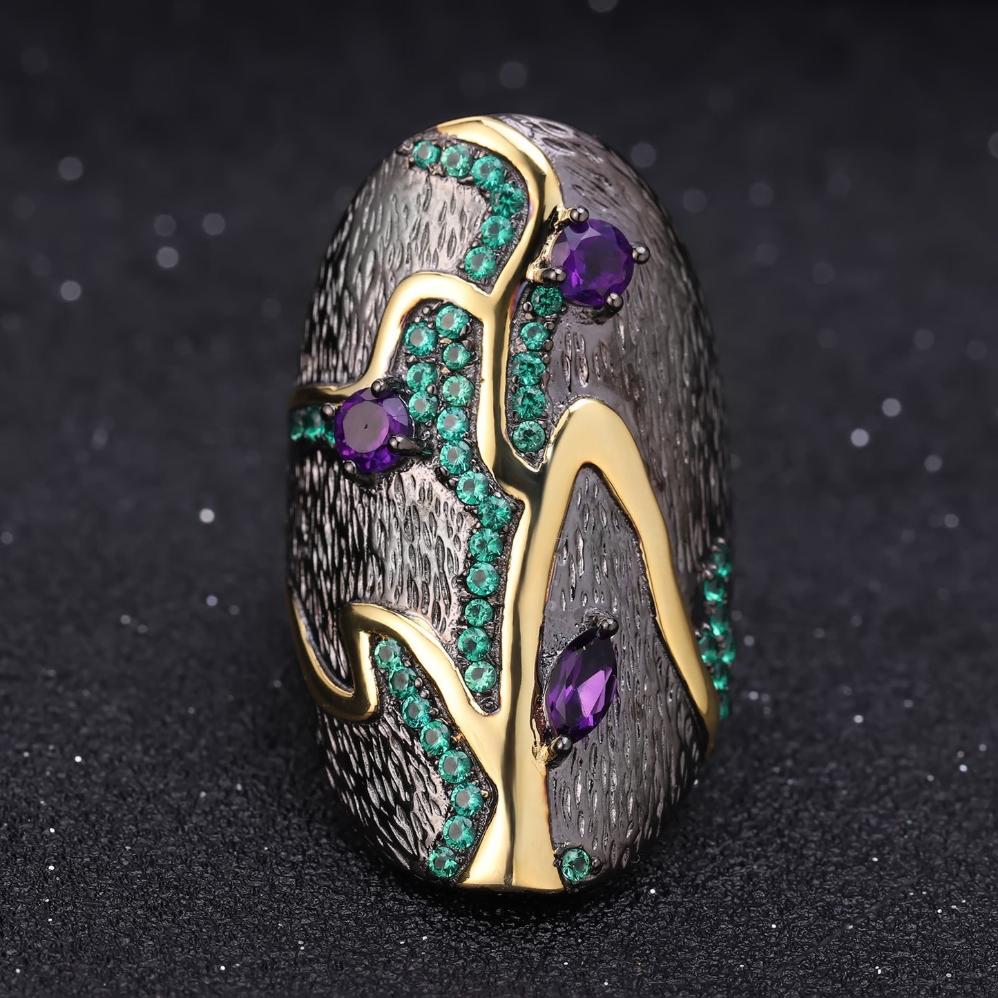 Vintage Georgia Style Tree Pattern Natural Amethyst Silver Ring