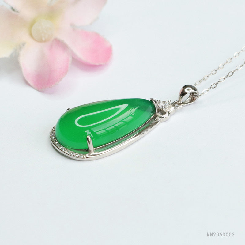 Green Chalcedony Teardrop Silver Pendant — No Chain