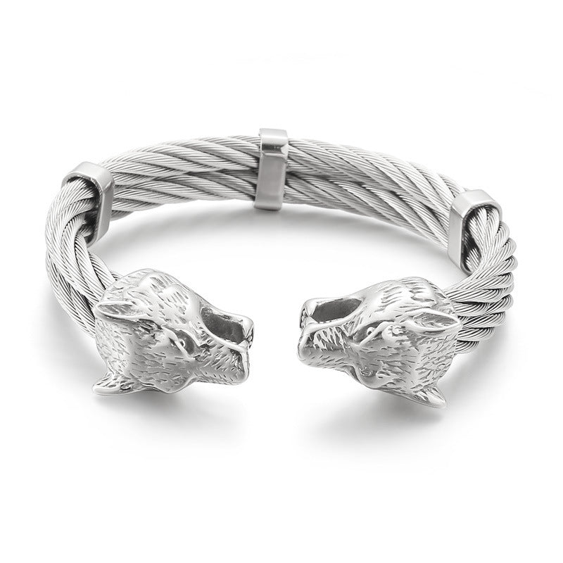 Punk Style Braided Wire – Lion Head Wolf Head Titanium Steel Men's Bracelet