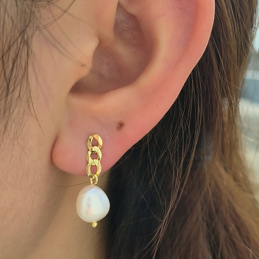 925 Sterling Silver Natural Strong Light Freshwater Baroque Pearl Earrings Women's European American Cuban Chain Long Pendant Earrings