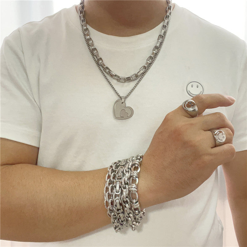 Trendy Men's Personalized Titanium Steel Heart Pendant Necklace - Retro Sequined Design