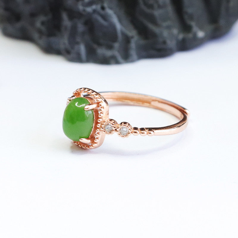 Sterling Silver Adjustable Ring with Natural Hotan Jade Jasper and Zircon Accents