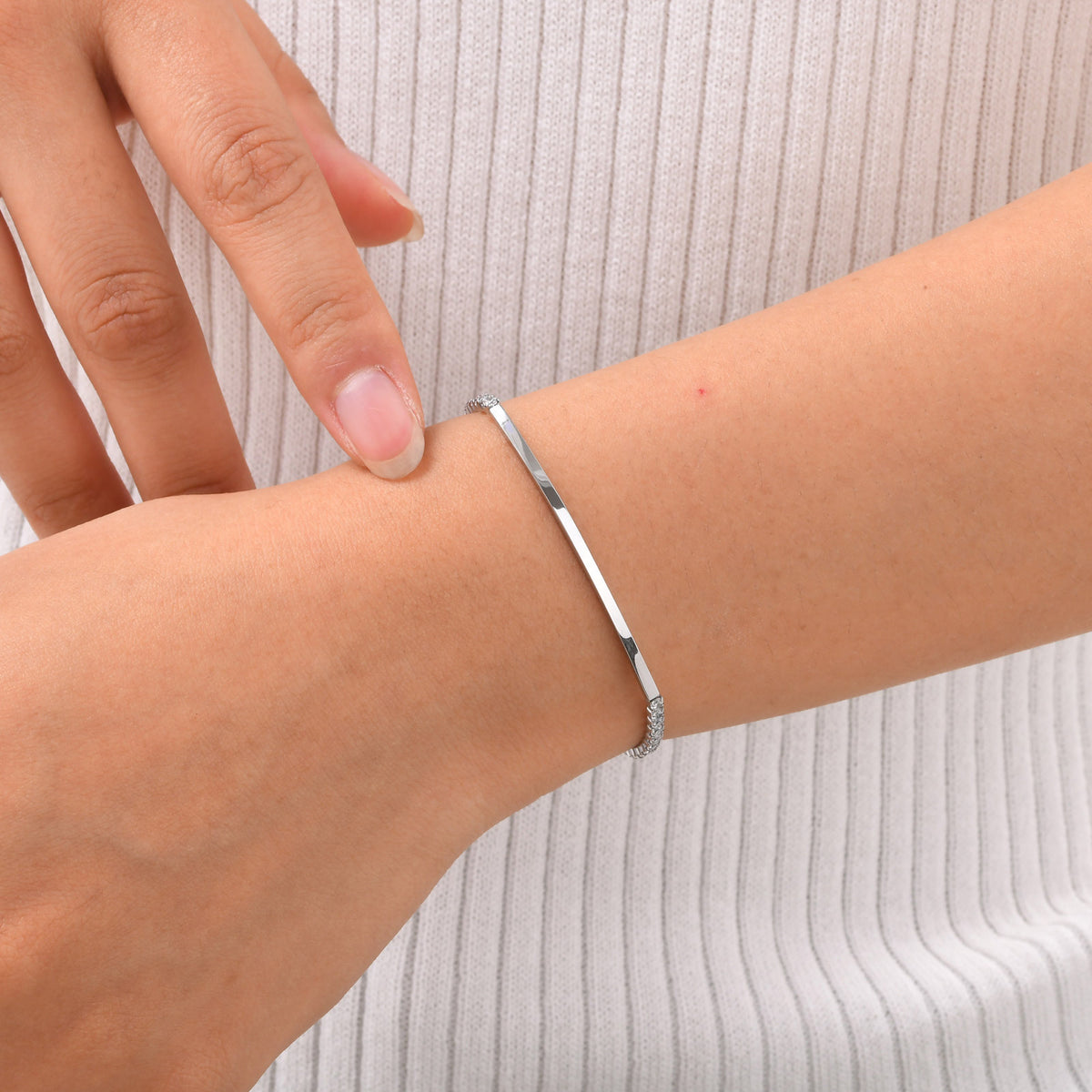 Stainless Steel White Zircon Chain Curved Bar Bracelet Women's Steel Color