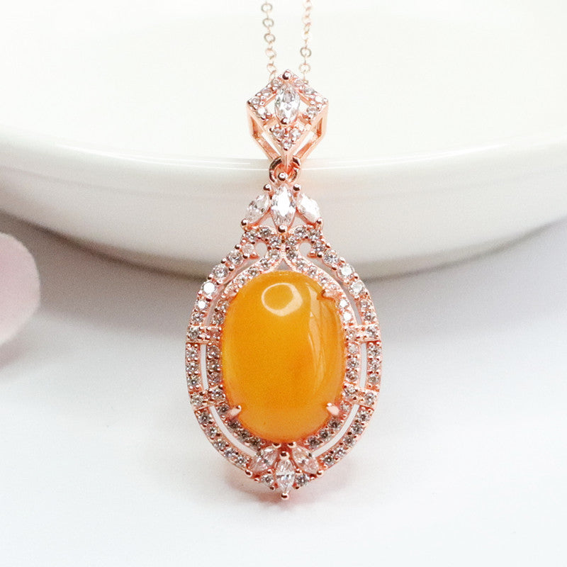 Rose Gold Necklace with Beeswax Amber Pendant and Zircon Halo