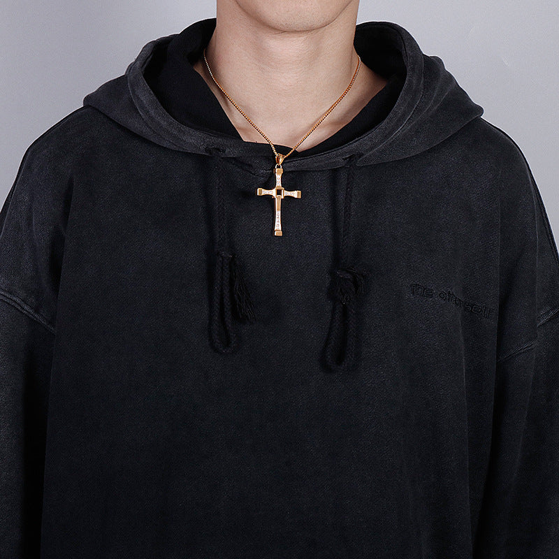 Mens Stainless Steel Hollow Cross Pendant with Zircon Detail