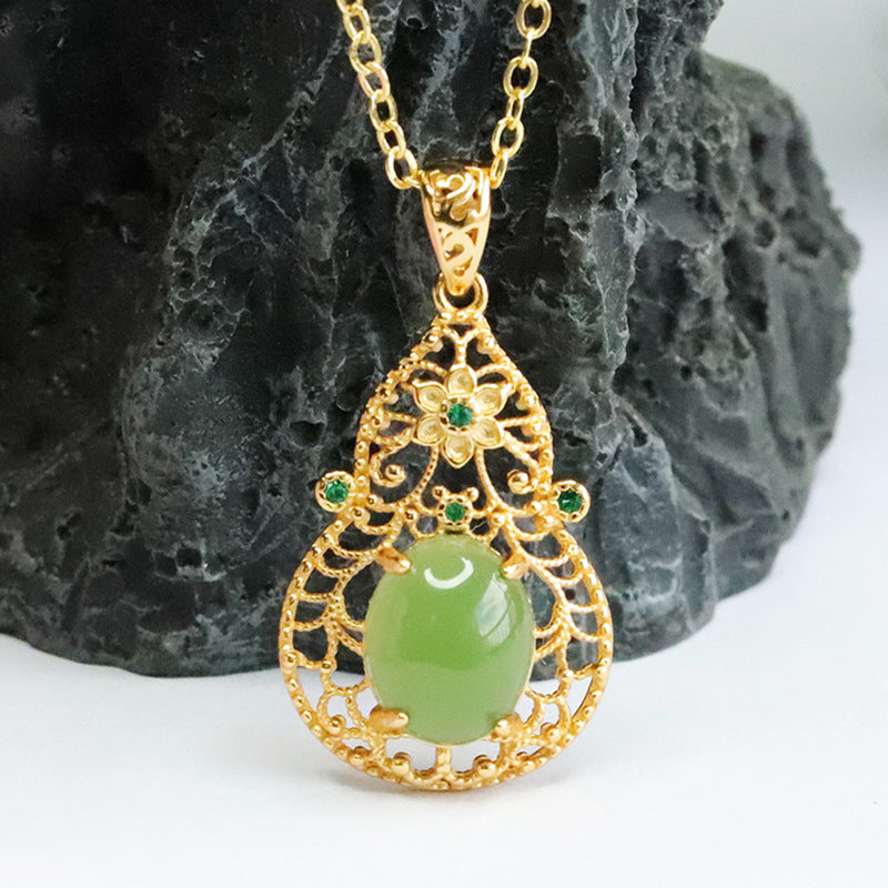 Sterling Silver Jade Pendant Necklace with Hollow Gourd Design