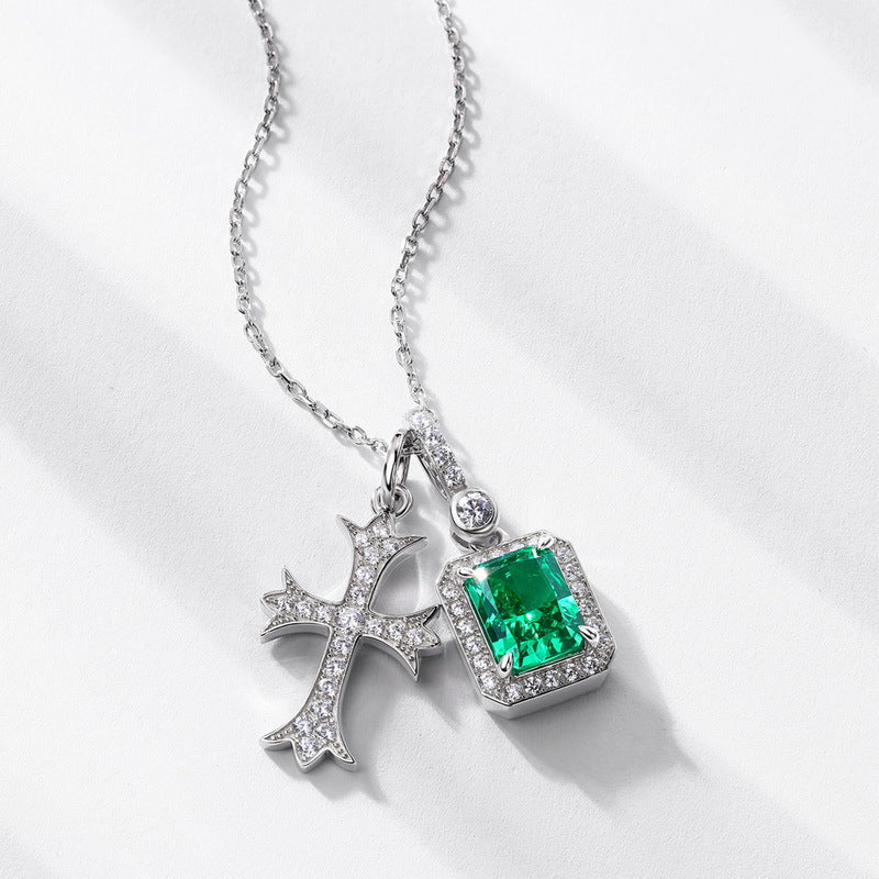 S925 Sterling Silver High-Carbon Stone Cross Pendant Necklace