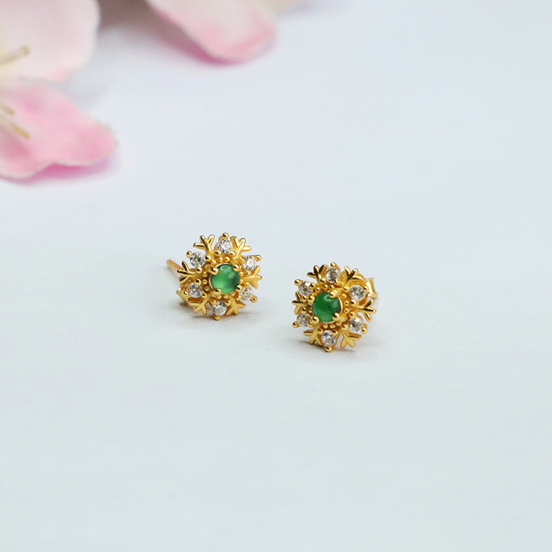 Ice Green Jade and Zircon Snowflake Stud Earrings with S925 Silver