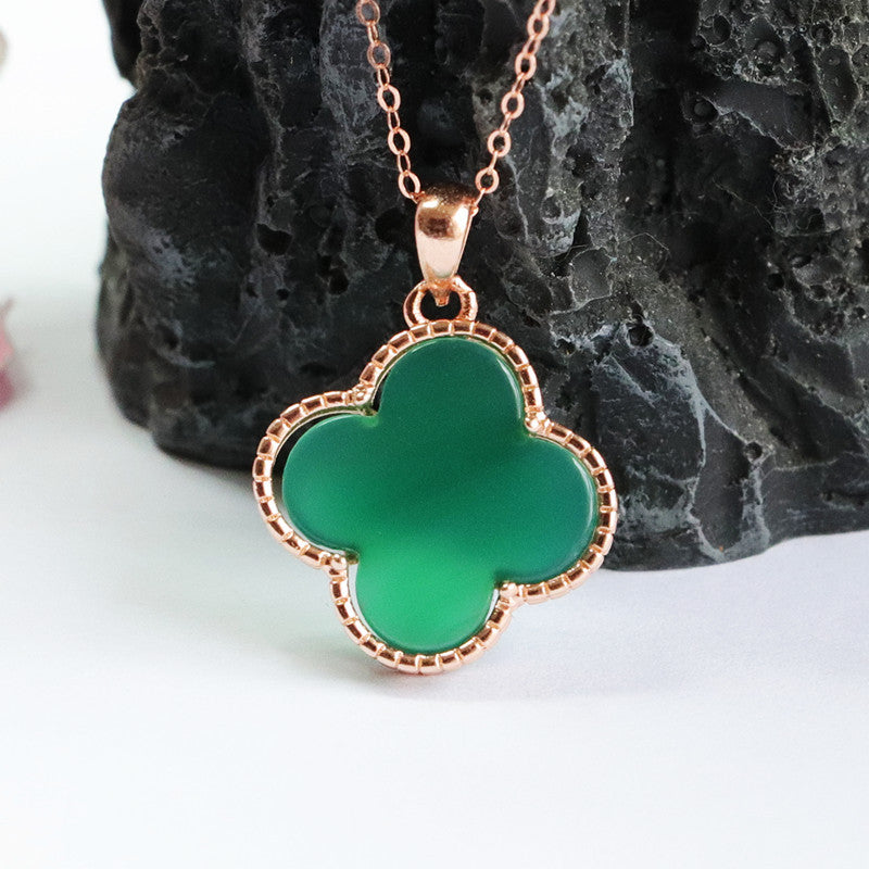 Sterling Silver Four-Leaf Clover Necklace with Natural Green Chalcedony