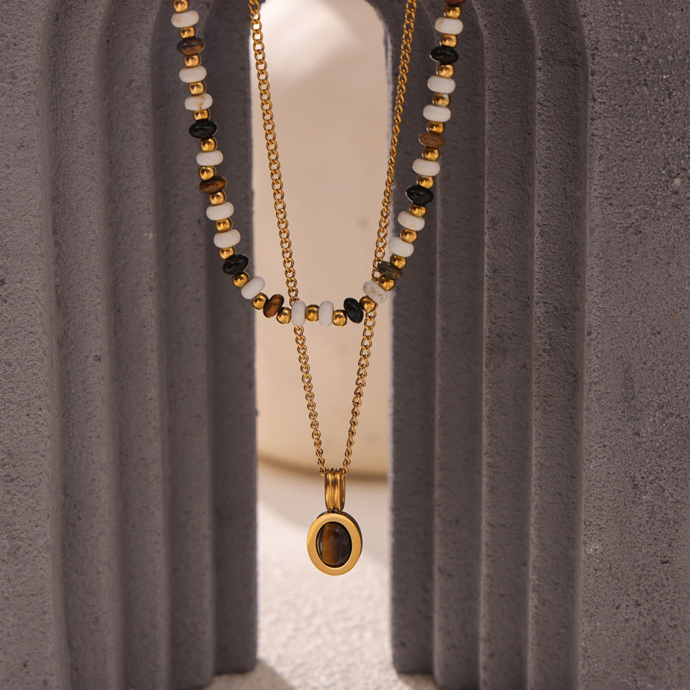 Tiger's Eye Stone Pendant Necklace with Titanium Steel Collarbone Chain