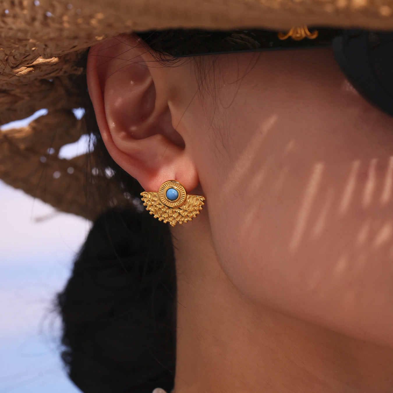 Turquoise Peacock Fan Stud Earrings 18K Gold Women