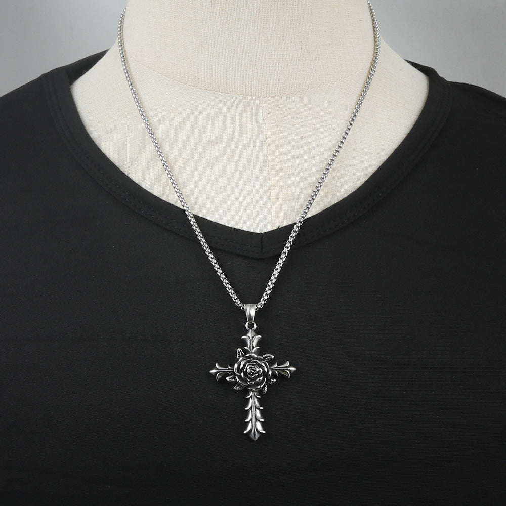 Titanium Steel Cross Pendant Necklace for Men - Trendy Punk Style with Floral Design