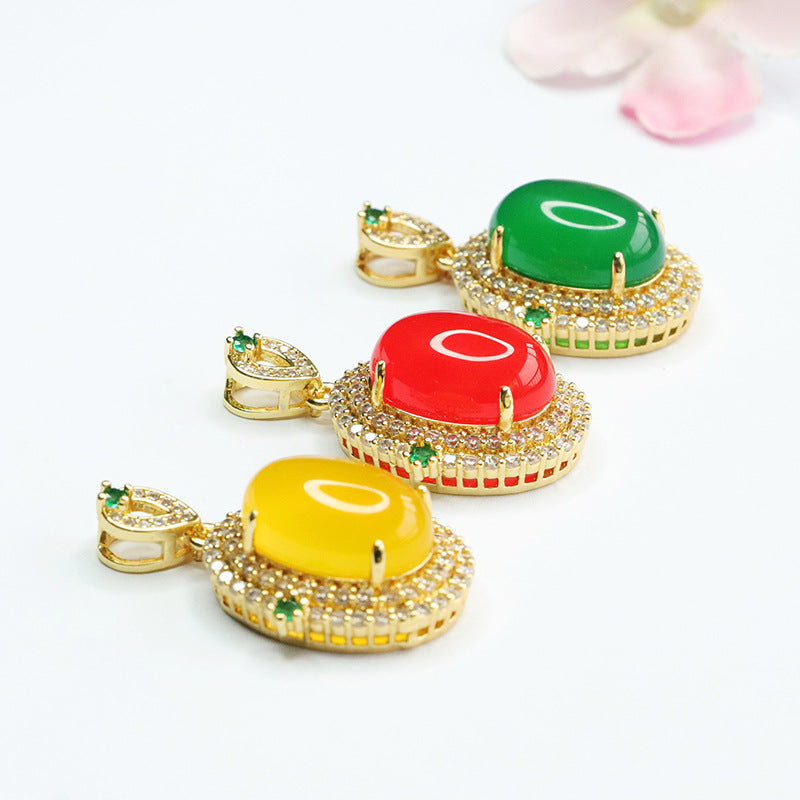 Double Halo Red Agate Zircon Golden Pendant with Oval Ice Chalcedony