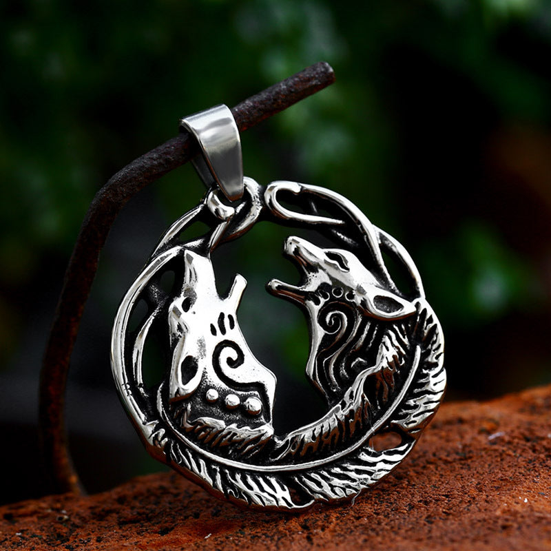 Odin's Wolf Double Head Pendant - Retro Titanium Steel Jewelry for Men