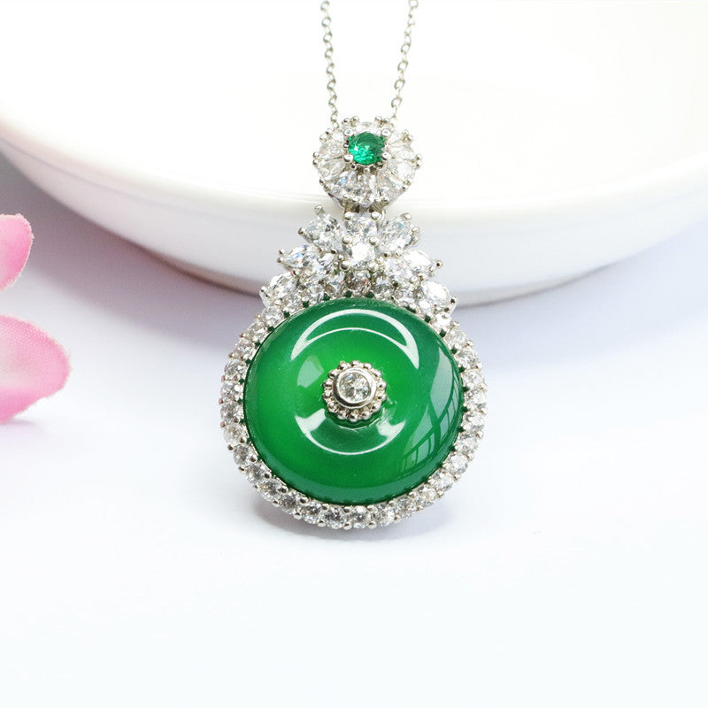 Green Chalcedony Sterling Silver Necklace with Zircon Safety Buckle