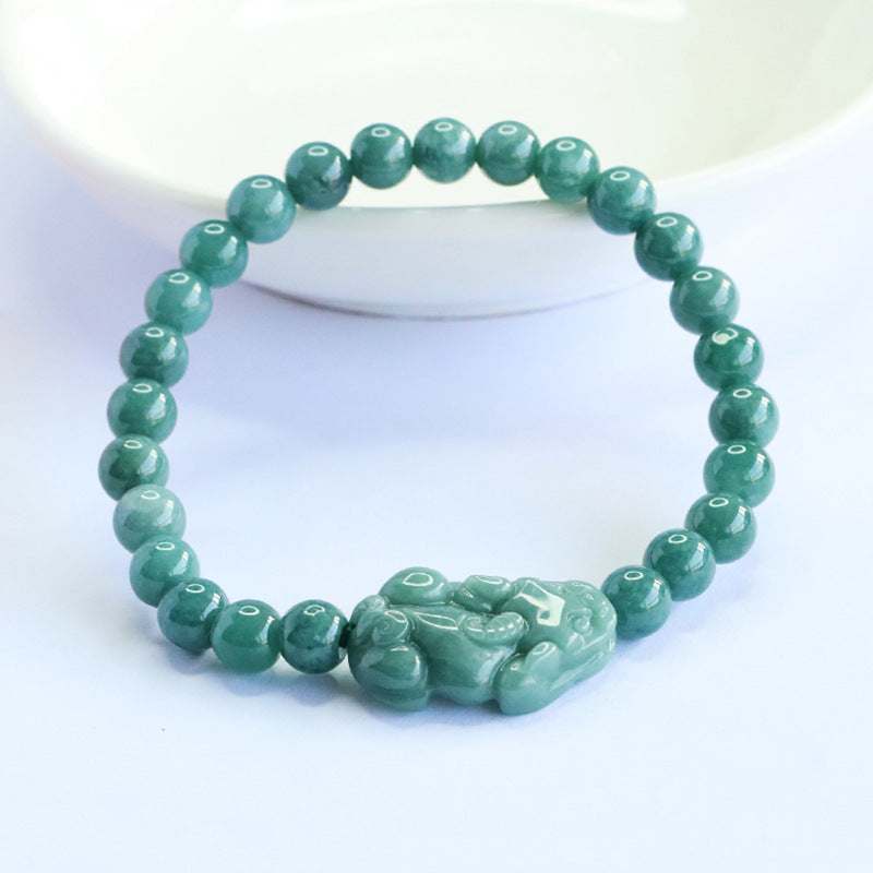 Blue Water Jadeite Pixiu & Round Bead 6 mm Bracelet