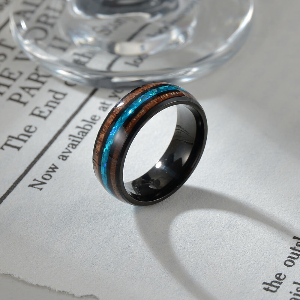 Titanium Steel Ring with Acacia Wood and Abalone Shell Inlay for Men