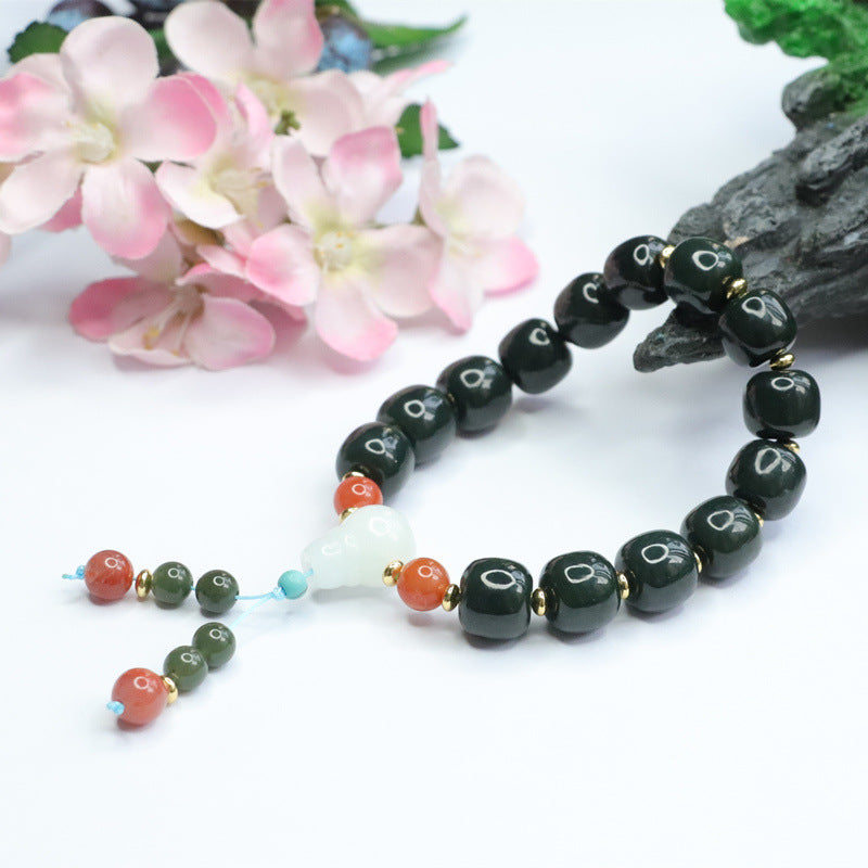Dark Taqing Hetian Jade & White Agate Bracelet