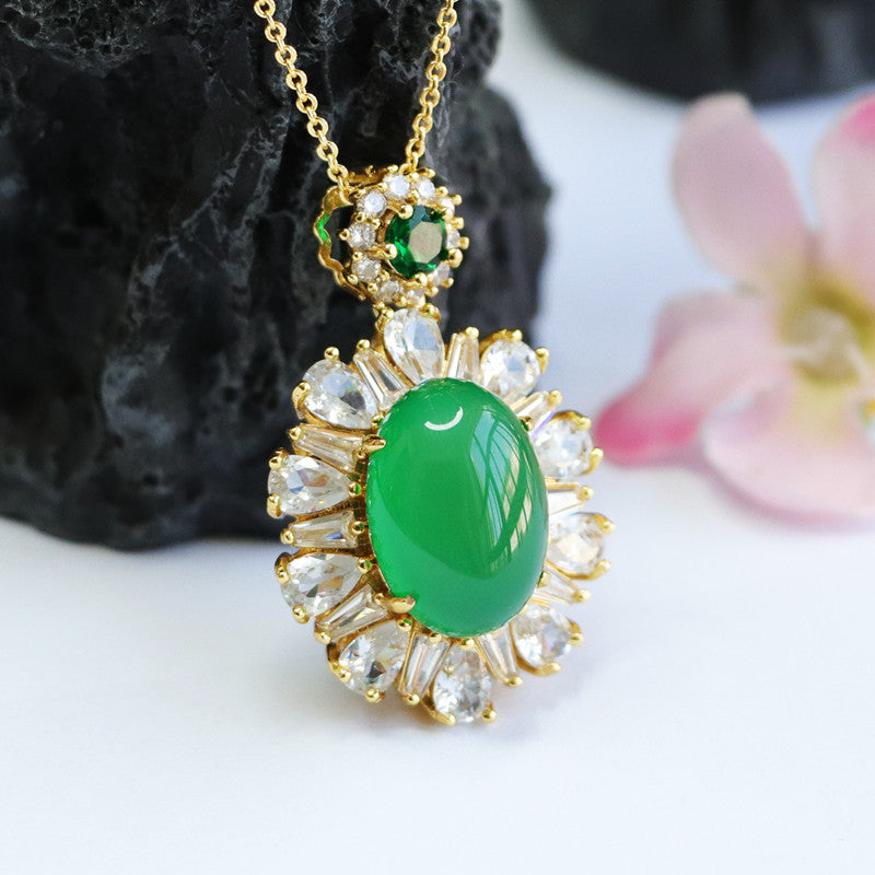 Rich Zircon Necklace with Natural Green Chalcedony Pendant