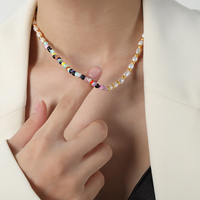 Luxurious Handcrafted Natural Stone and Freshwater Pearl Necklace - Elegant European Style