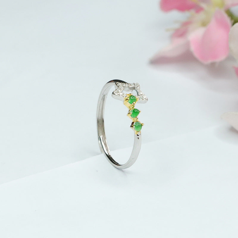 Icy Green Jadeite Star 925 Silver Ring