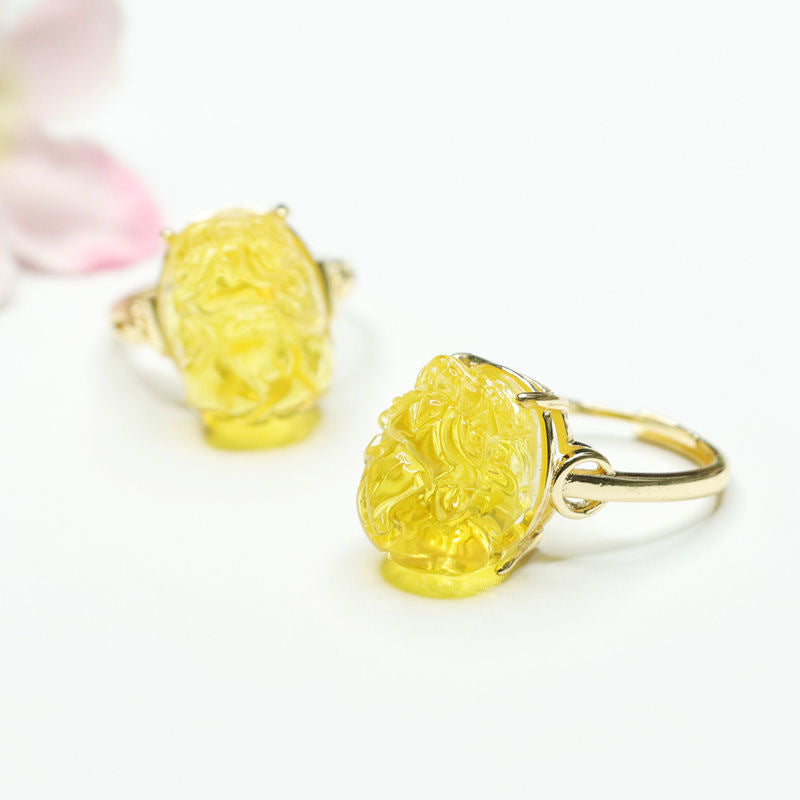 Golden Amber Pixiu Sterling Silver Ring with Beeswax Detail
