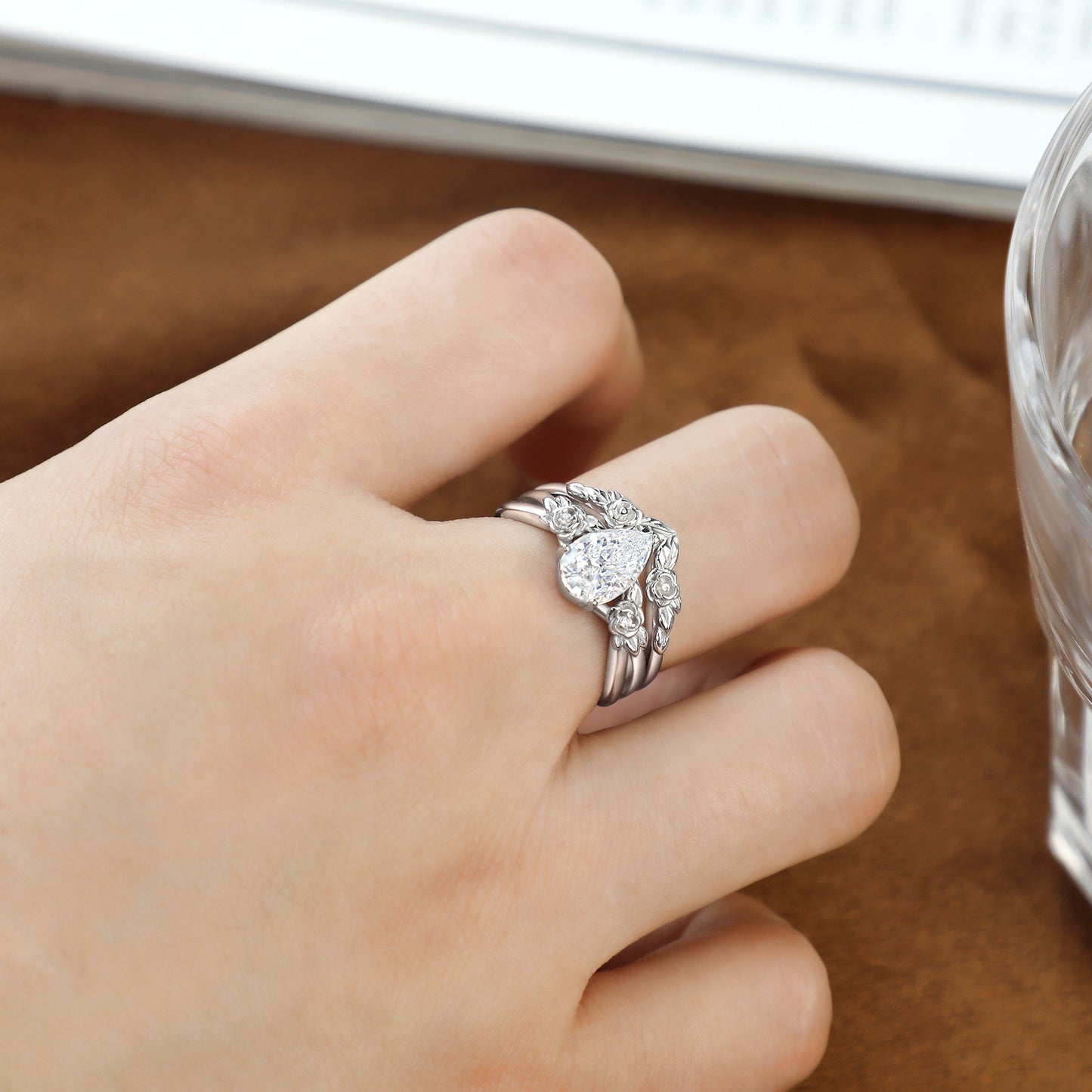 Planderful Sterling Silver Flower Ring Set 1.5ct Pear Zircon For Women Wedding Jewelry Gift