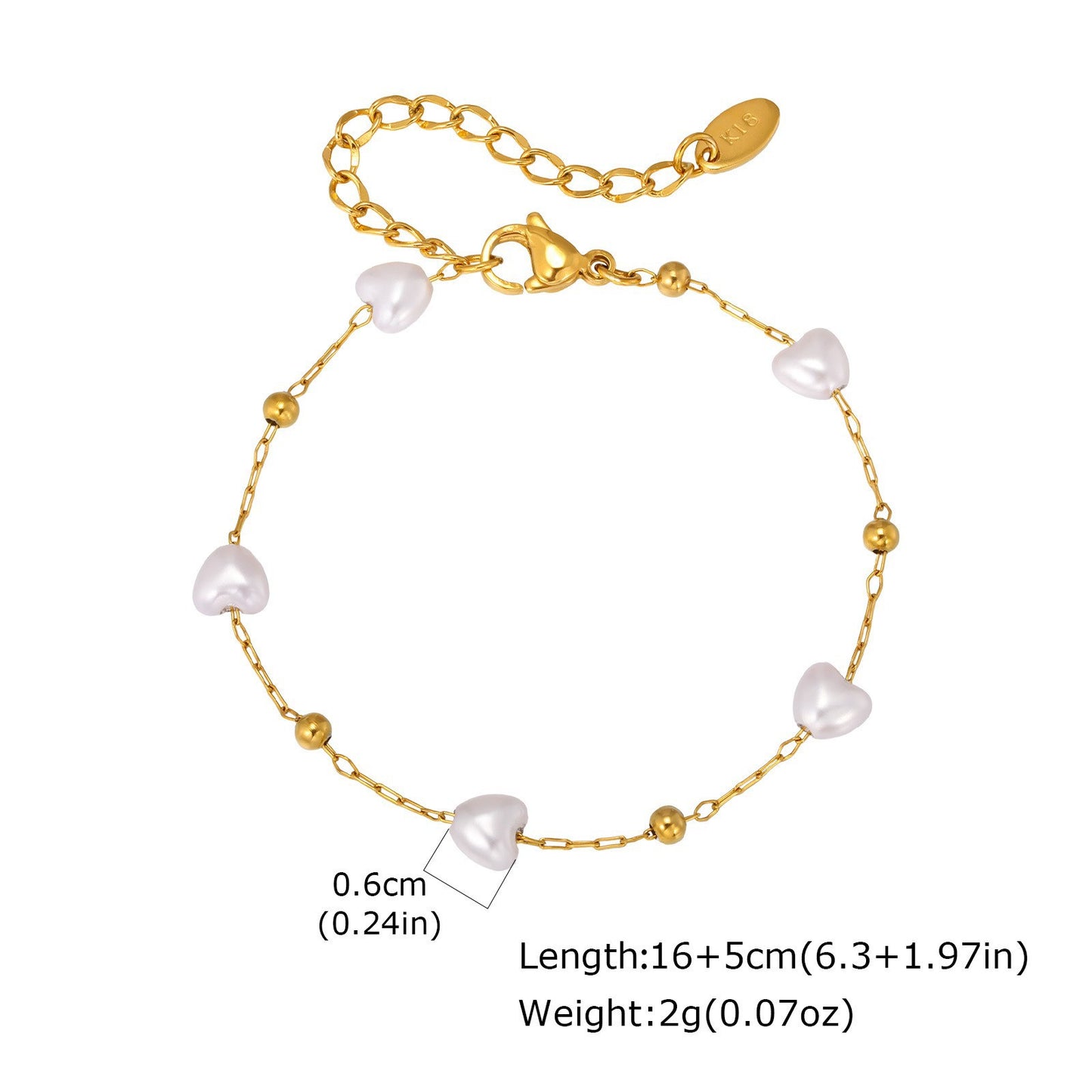 Stainless Steel Round Bead Heart Imitation Pearl Necklace Bracelet Gold Ladies Elegant