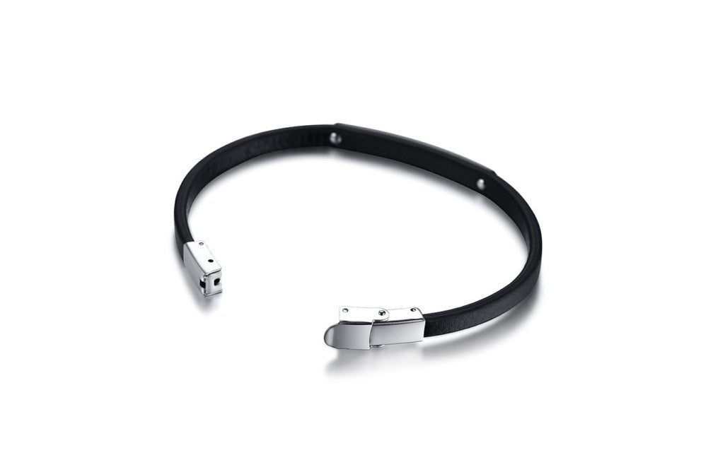 Stainless Steel Curved Leather Couple Bracelet Black Men
