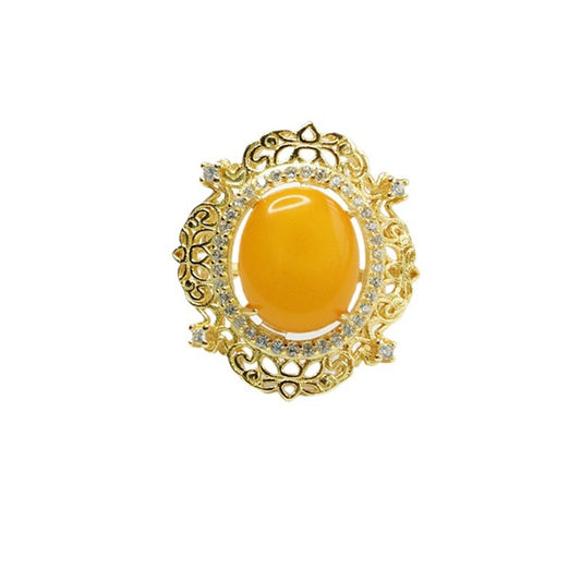 Sterling Silver Beeswax Amber Ring with Adjustable Hollow Palace Style - Retro Fortune's Favor Collection