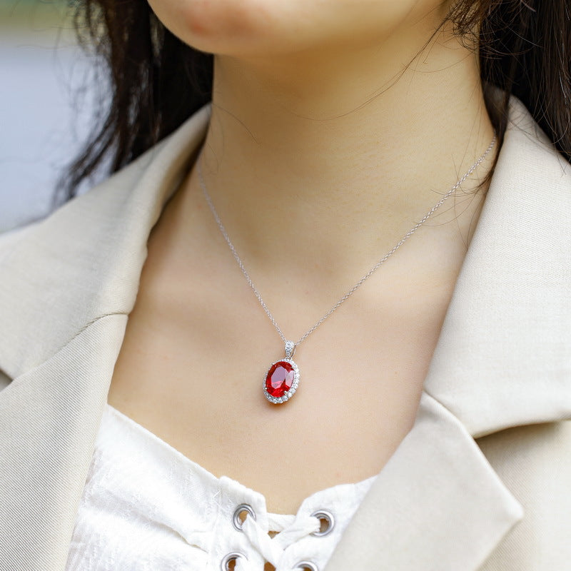 S925 Sterling Silver Lab-Grown Ruby Oval Faceted Necklace