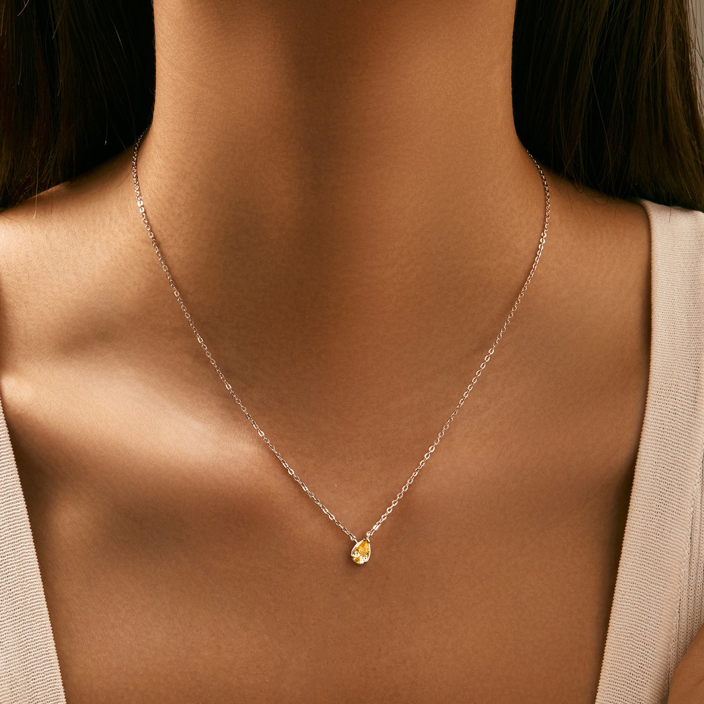 Planderful Everyday Genie S925 Sterling Silver Water Drop Yellow Zircon Necklace – Elegant Niche Korean Style Collarbone Chain