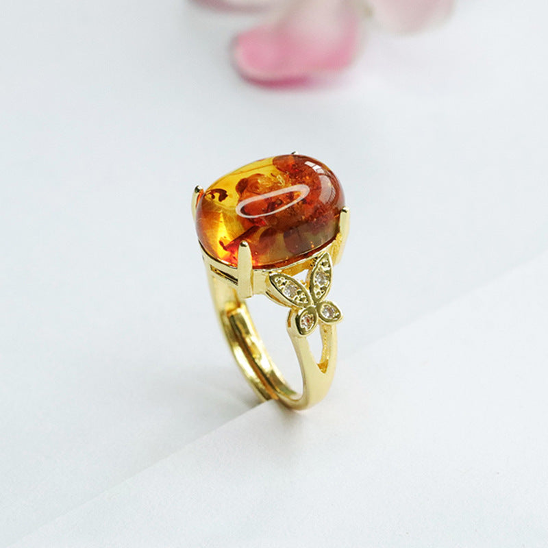 Butterfly Amber Zircon Oval Flower Ring with Natural Beeswax Amber