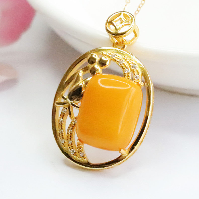 Hollow Rectangle Honey Amber Pendant Sterling Silver Necklace