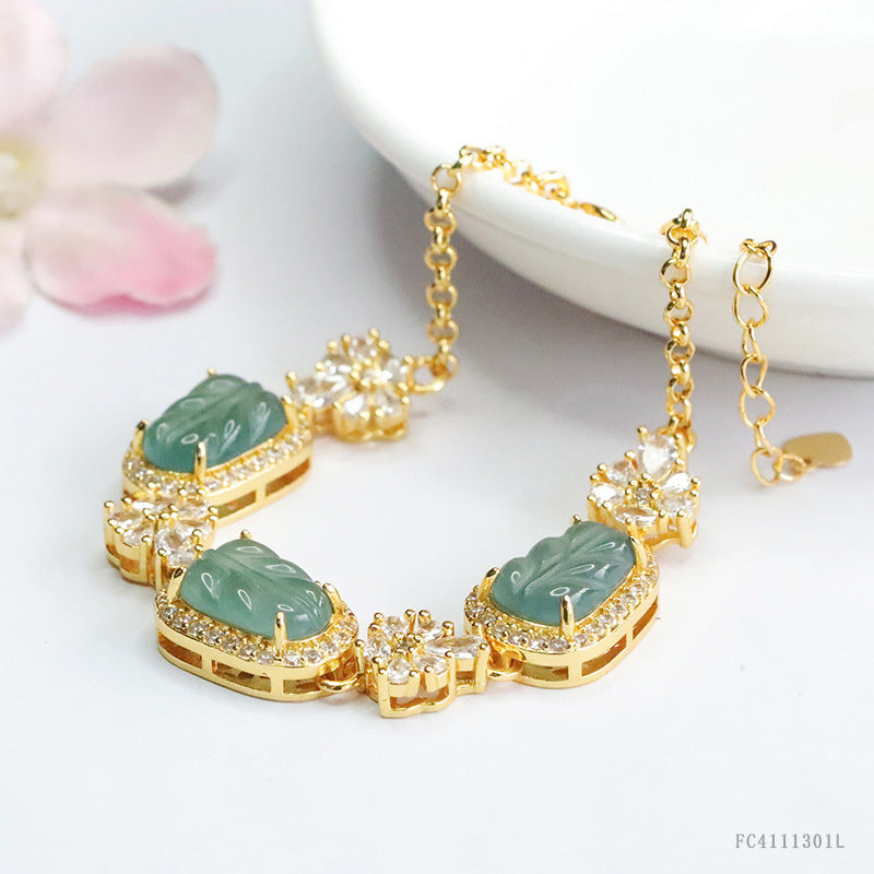 Blue Water Jadeite Leaf Pavé-Style Bracelet