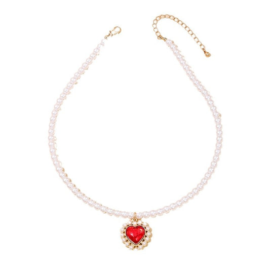 European and American Metal Red Heart Imitation Pearl Jewelry Set with a Touch of Luxury