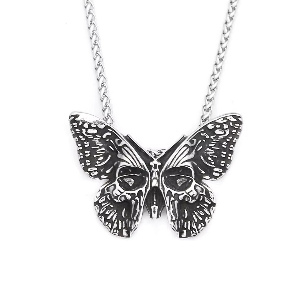 Vintage Skull Butterfly Stainless Steel Men's Pendant Necklace