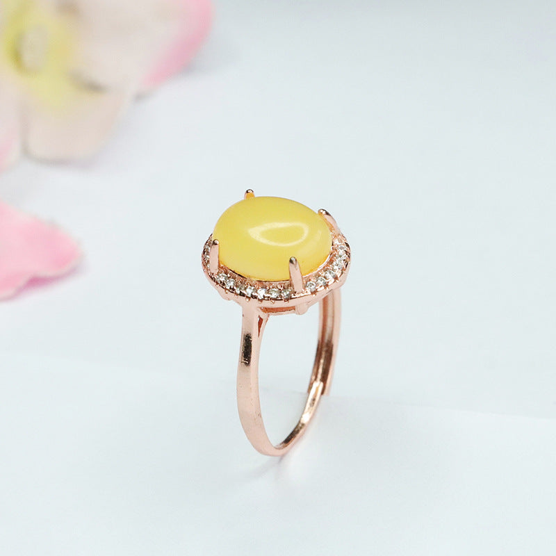 Amber and Zircon Sterling Silver Halo Ring with Adjustable Diameter