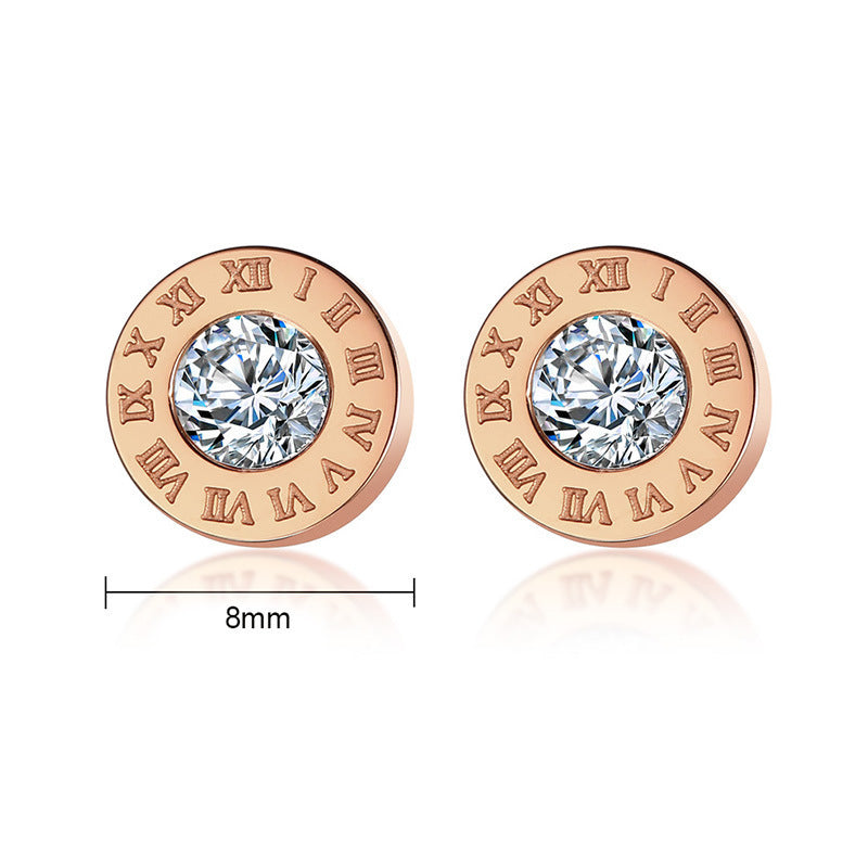 Japanese And Korean Simple Stainless Steel Roman Numerals Zircon Stud Earrings