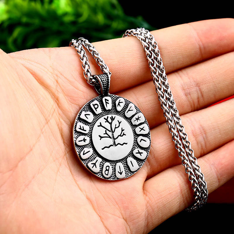 Titanium Steel Viking Rune Pendant Necklace for Men - Retro Tree of Life Design