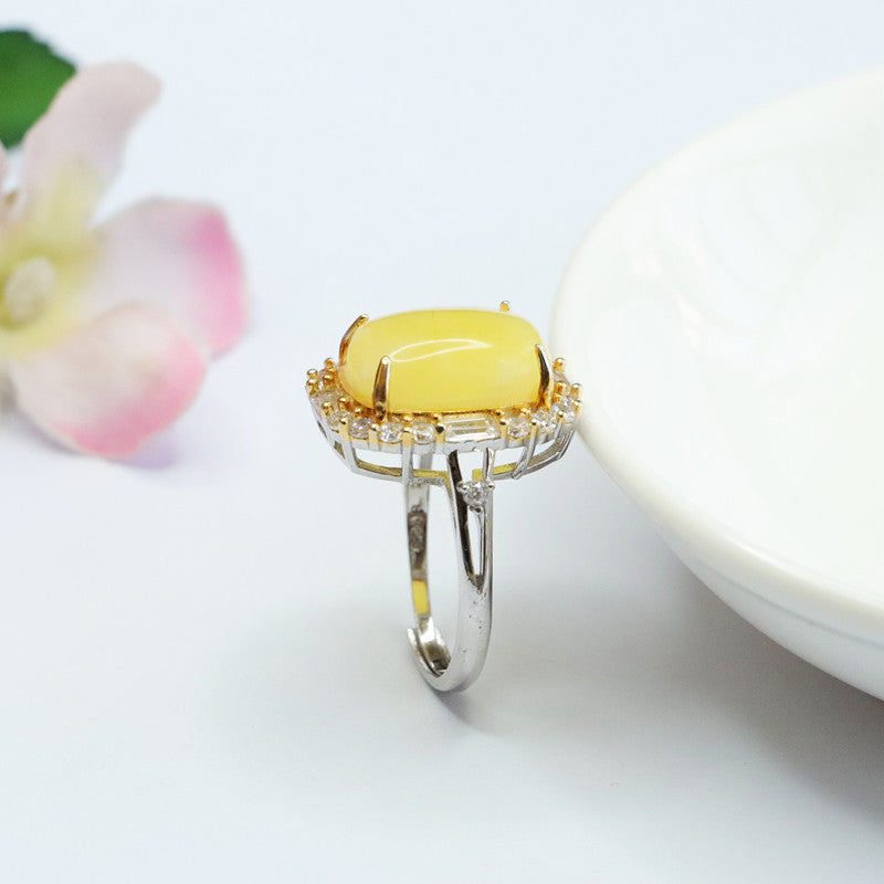 Sterling Silver Natural Yellow Amber Beeswax Zircon Halo Ring