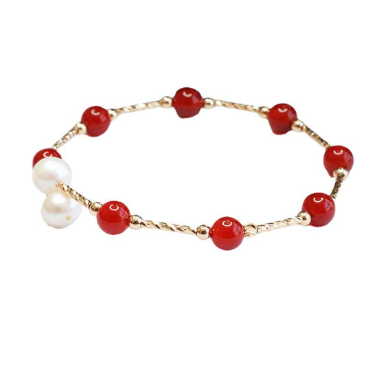 Red Agate and Pearl Sterling Silver Bracelet